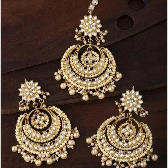 Ethnic Chandbali Earrings Maang Tikka Set Alloy Traditional Jewelry Gift